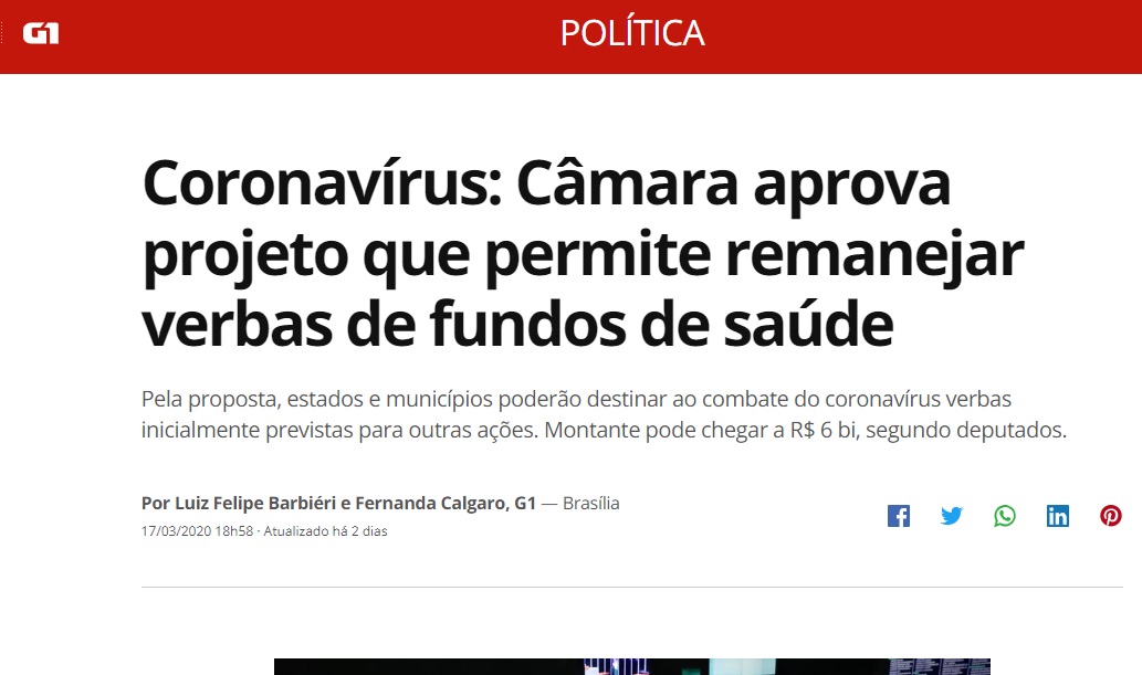 Coronavírus: Câmara aprova projeto que permite remanejar verbas de fundos de saúde