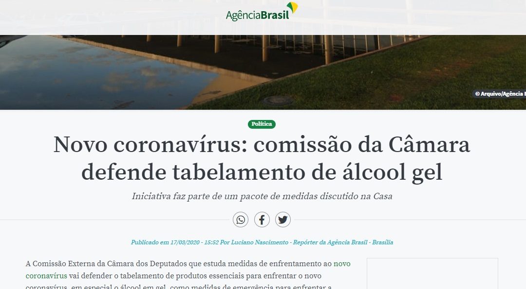 Novo coronavírus: comissão da Câmara defende tabelamento de álcool gel