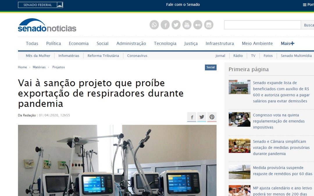 Vai à sanção projeto que proíbe exportação de respiradores durante pandemia