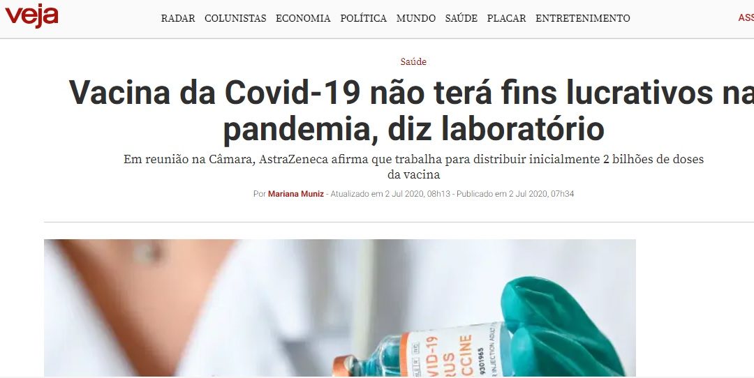 Vacina da Covid-19 não terá fins lucrativos na pandemia, diz laboratório