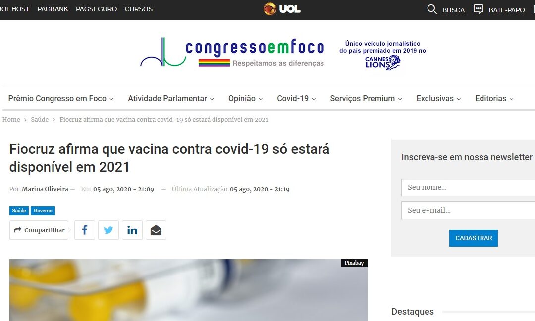 Fiocruz afirma que vacina contra covid-19 só estará disponível em 2021