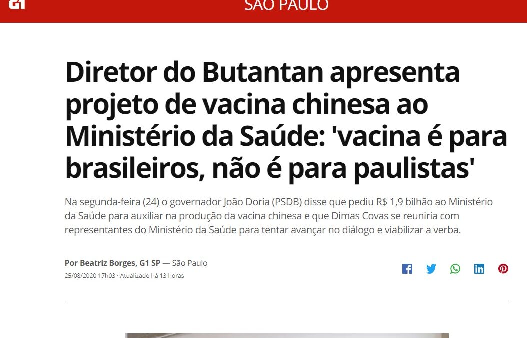 Diretor do Butantan apresenta projeto de vacina chinesa ao Ministério da Saúde: ‘vacina é para brasileiros, não é para paulistas’
