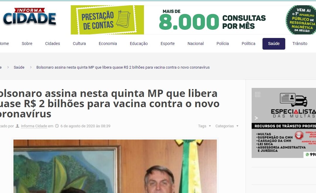 Bolsonaro assina nesta quinta MP que libera quase R$ 2 bilhões para vacina contra o novo coronavírus