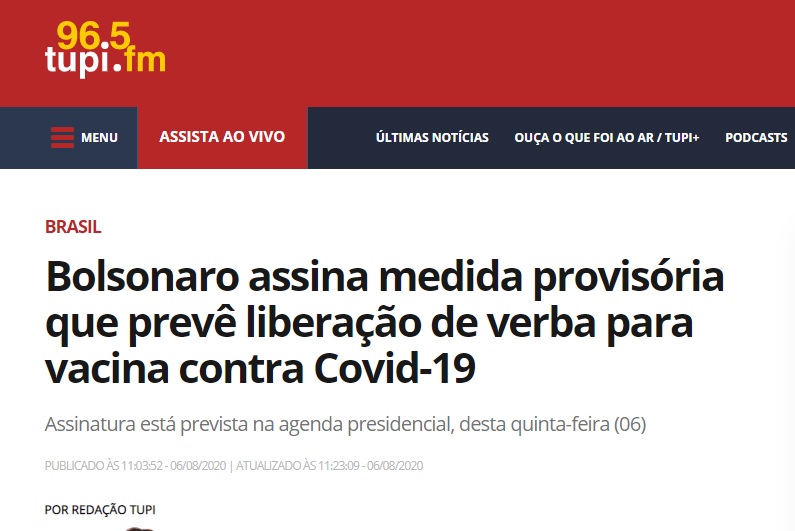 Bolsonaro assina medida provisória que prevê liberação de verba para vacina contra Covid-19