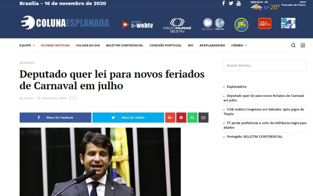 Deputado quer lei para novos feriados de Carnaval em julho