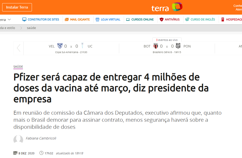 Pfizer será capaz de entregar 4 milhões de doses da vacina até março, diz presidente da empresa
