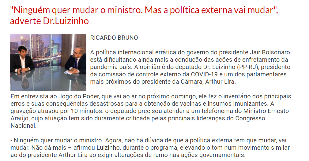 “Ninguém quer mudar o ministro. Mas a política externa vai mudar”, adverte deputado Dr.Luizinho