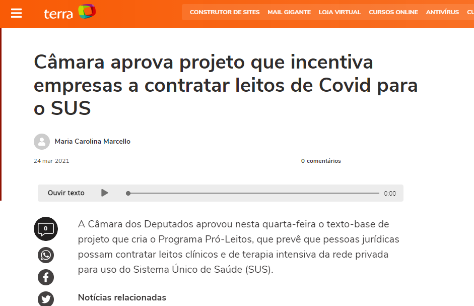 Câmara aprova projeto que incentiva empresas a contratar leitos de Covid para o SUS
