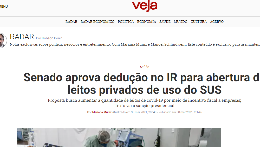 Senado aprova dedução no IR para abertura de leitos privados de uso do SUS