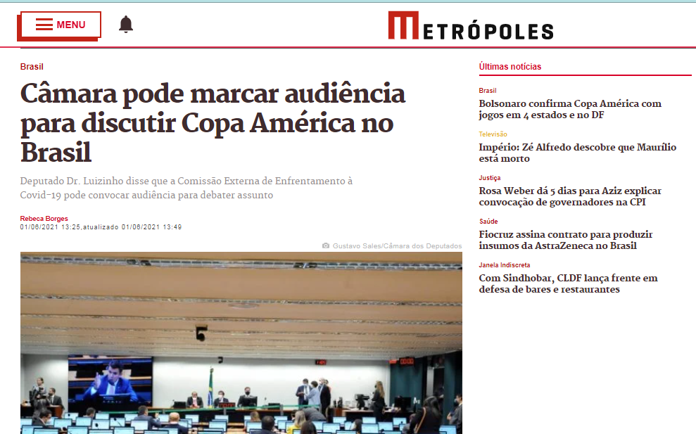 Câmara pode marcar audiência para discutir Copa América no Brasil