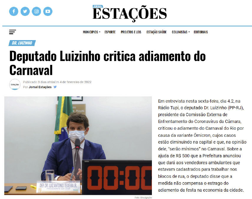 Deputado Luizinho critica adiamento do Carnaval
